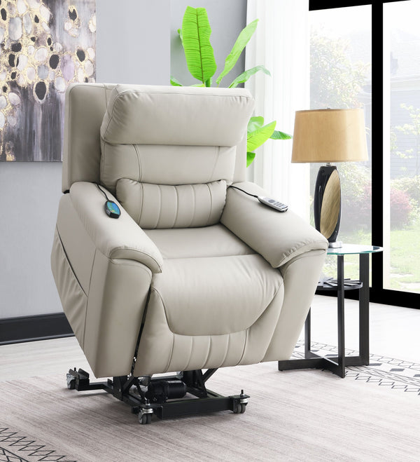 English Elm Marsha Light Gray Power Motion Recliner with Lift, Heated Massage, Faux Leather Upholstery, Modern Comfort B2726S00015