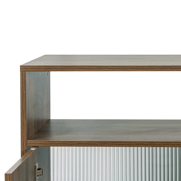 English Elm Kitchen Small Sideboard Countertop Organizer with Sliding Glass Doors, 3 Drawers & Display Shelf, Modern Storage Cabinet W331P289098