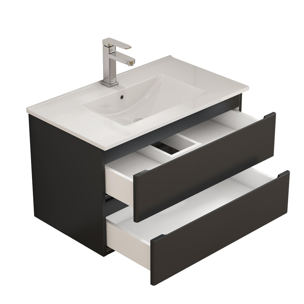 English Elm 32-Inch Wall-Mounted Bathroom Vanity & Ceramic Sink Combo - Soft-Close Drawers, Easy Install! W3151S00046