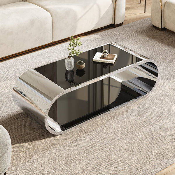 English Elm 57" Oval Silver Stainless Coffee Table with Black Tempered Glass, 2-Tier Storage, Modern Durable Design W3456S00029