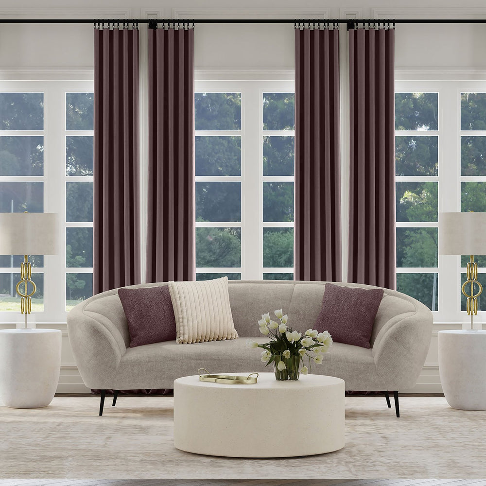 English Elm Aura Beige Upholstered Curved Sofa with Plush Foam, Channel Detailing, Corduroy & Bouclé Pillows, Vintage Legs B062P342727