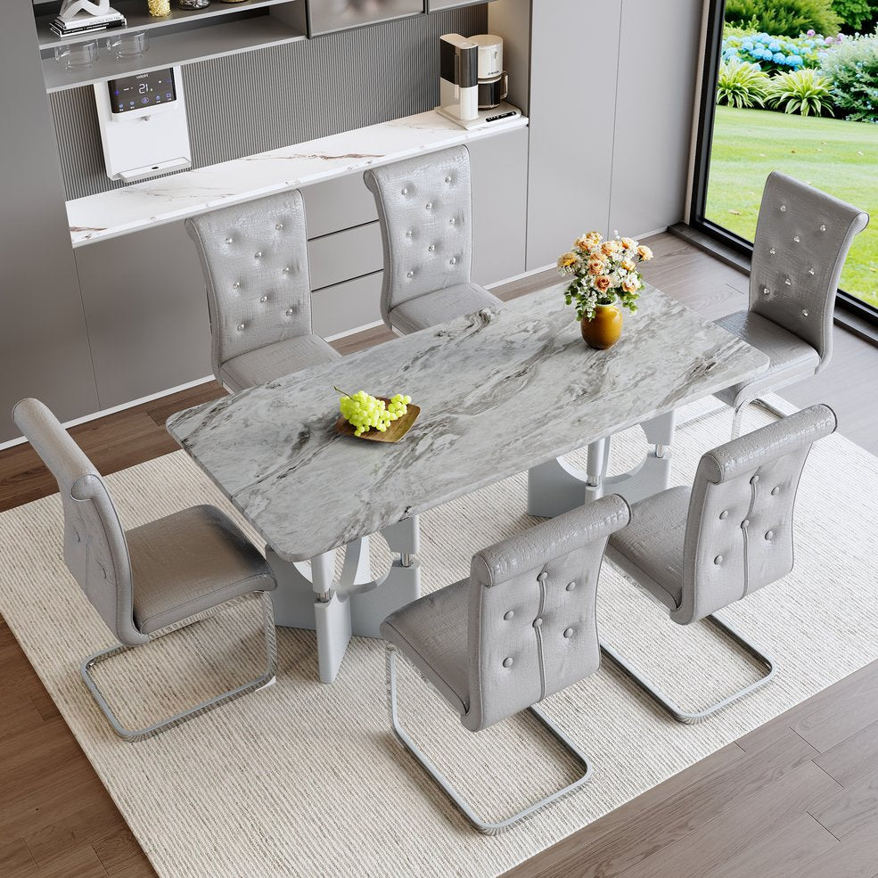English Elm Modern White Faux Marble 7 Piece Dining Set Tufted Pvc Chairs for Kitchen W3875S00062