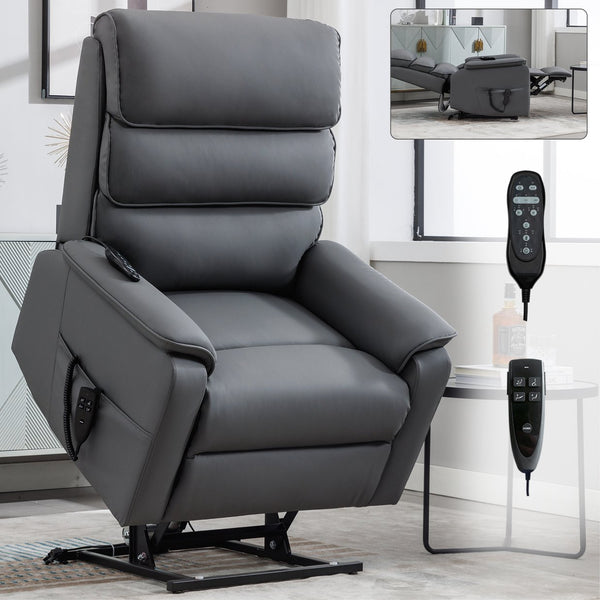 English Elm Dual Motor Power Lift Recliner with Massage Heat and 180 Degree Brown Lounge Chair Grey W1803S00062