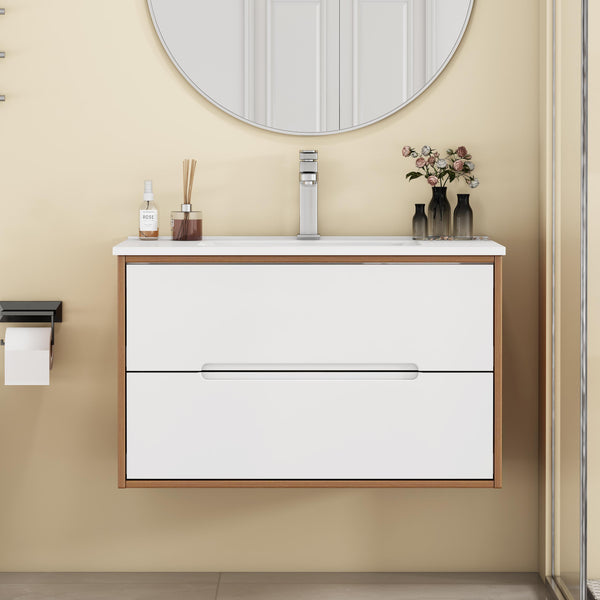 English Elm 32-Inch Wall-Mounted Bathroom Vanity With Sink Combo, Soft-Close Drawers, Modern Walnut Finish W3151S00049