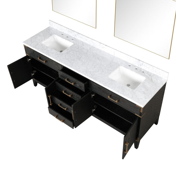 English Elm Black Oak Double Bath Vanity With Carrara Marble Top, Soft-Close Storage & 36" Mirrors Included B2731S02155