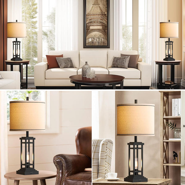 English Elm 27.5 Inch Farmhouse Bronze Table Lamp Set with Usb Charging Ports for Bedroom Decor W3355P440796