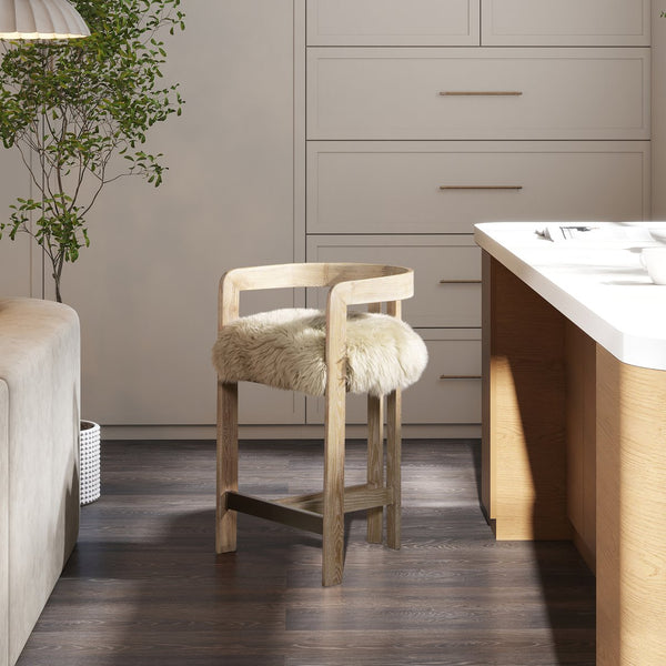 English Elm Jennifer Taylor Home - Millwick Rustic 26.5" Low Back Counter Stool with Genuine New Zealand Sheepskin Fur, Blonde Finish B2719P281851