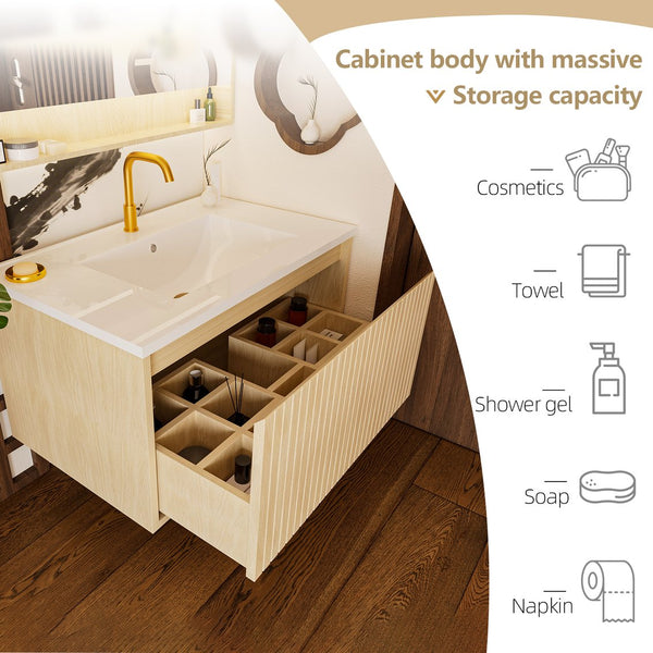 English Elm 30 Inch Bathroom Vanity with Sink — Floor-Standing Stability, Soft-Close Drawers, Ample Storage, Durable Finish Natural Wood 35.47 L x 21.85 W x 8.07 H W3520S00011