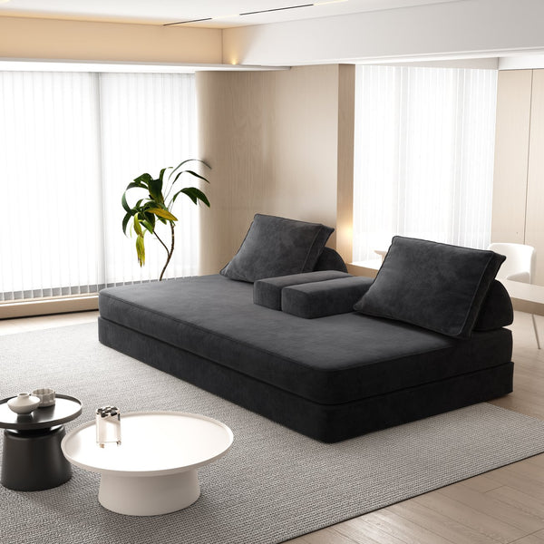 English Elm 86.6"Multifunctional Folding Sofa Bed with Chaise, Fluffy Chenille, Removable Backs & Pillows, Deep Seat Lounge DARK GREY W3219P340667