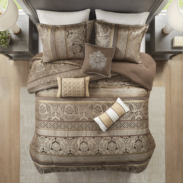 English Elm 7 Piece Jacquard Comforter Set - Luxurious Brown/Gold King Bedding With Decorative Pillows & Shams B03597001