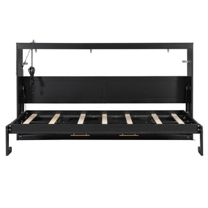 English Elm Twin-size Murphy Wall Bed with Led Lighting Usb Outlet and Decorative Printed Panel Black LP000355AAB