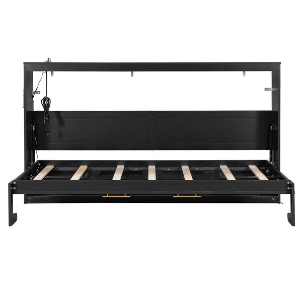 English Elm Twin-size Murphy Wall Bed with Led Lighting Usb Outlet and Decorative Printed Panel Black LP000355AAB