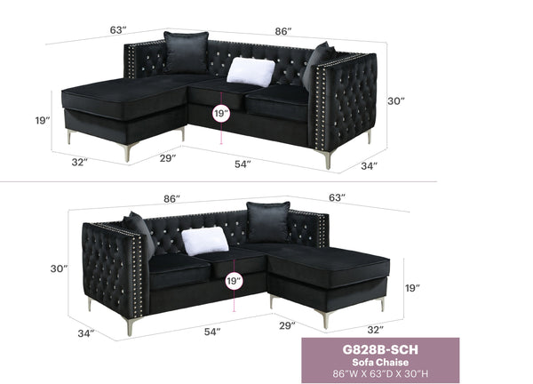 English Elm Paige Velvet Sofa Chaise with Faux Jewel Tufting, Chromed Steel Legs, KD Design for Easy Delivery Black 70 L x 26.8 W x 18.1 H B078S00093