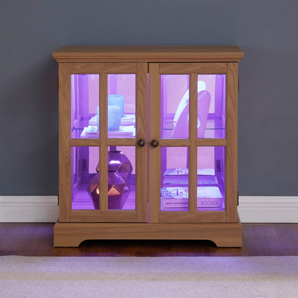 English Elm Led Curio Display Cabinet - Antique Oak Showcase With Adjustable Shelves, Remote & Lattice Doors For Home W2275P231692