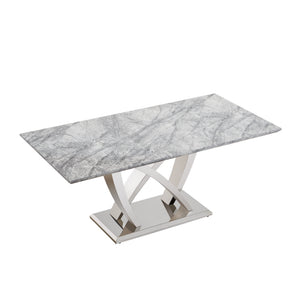 English Elm Marble Dining Table For 6 - Modern Grey Faux Marble Top With Chrome Base, Stylish & Versatile Design W3456S00023