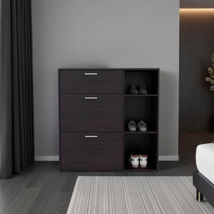 English Elm Sierra Wenge Shoe Cabinet with 2 Tilt-Outs, Top Drawer & 3 Open Side Shelves – Vertical Storage, Scratch-Resistant Finish B128P375277