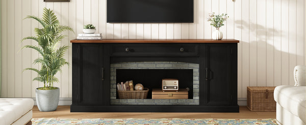 English Elm Elegant Walnut Media Console with Gray Brick Base Open Bay and Adjustable Shelving Black N721P394506B