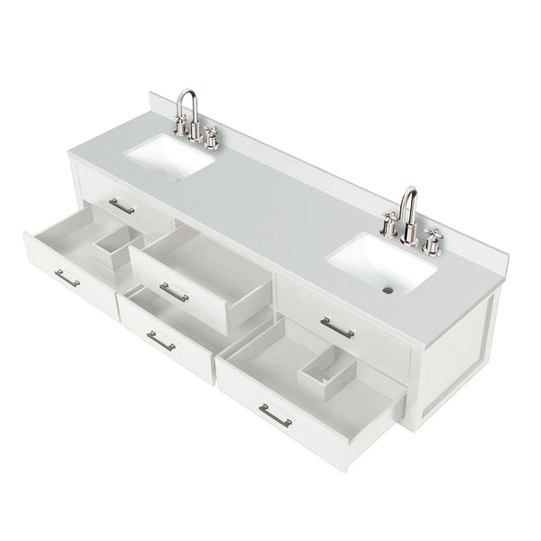English Elm White Double Bath Vanity 84 in W x 22 in D with White Quartz Top, Chrome Gooseneck Faucets, Soft-Close Storage Bundle B2731P258169