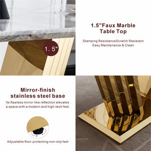 English Elm Marble Dining Table For 6-8 People, Modern Faux Marble Top & Chrome Base, Stylish Kitchen Centerpiece W3456S00049