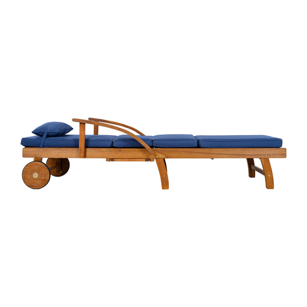 English Elm U_style Acacia Wood Outdoor Chaise Lounger with Reclining Backrest Cushions and Side Tray Navy Blue N711P415859C