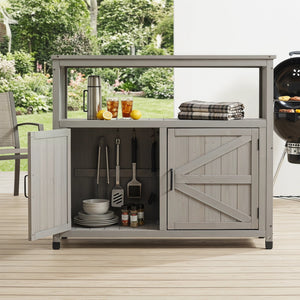 English Elm Wooden Solid Bar Height Buffet Cabinet with Slatted Panels for Patio or Dining W2640P262542