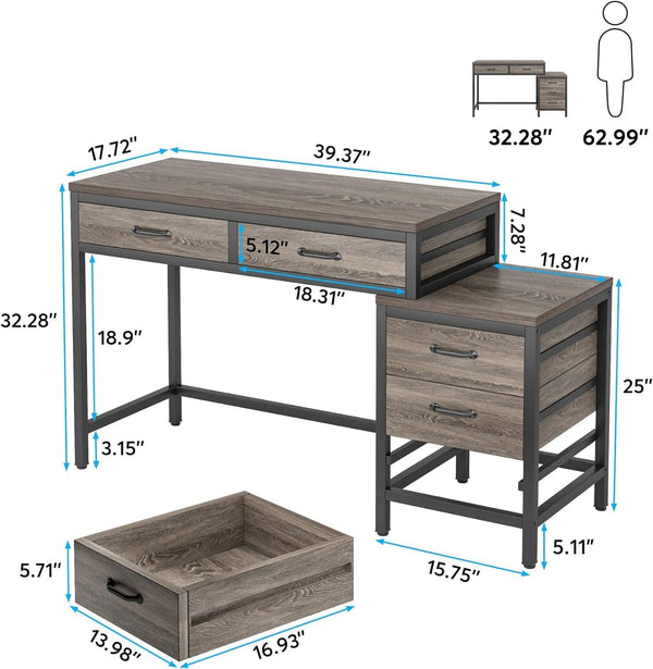 English Elm Office Writing Desk with 5 Drawers Industrial Wood and Black Metal Frame T3971P450665
