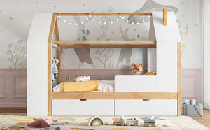 English Elm Twin House Frame Bed Pine Wood with Storage Drawers and Shelves for Kids Bedroom W1580S00572