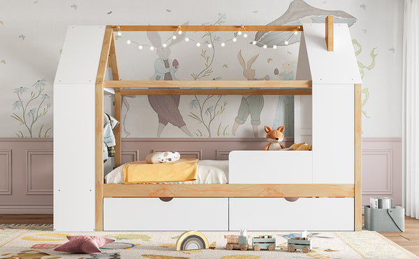 English Elm Twin House Frame Bed Pine Wood with Storage Drawers and Shelves for Kids Bedroom W1580S00572