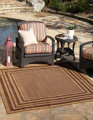 Unique Loom Outdoor Border Multi Border Machine Made Border Rug Light Brown, Brown/Light Brown/Gold 6' 0" x 6' 0"