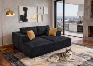 English Elm Full Corduroy Double Chaise Loveseat Foam Plush Seating for Bohemian Living Rooms Black B2748S00055