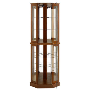 English Elm 6 Shelf Corner Curio Cabinet with Interior Lighting, Mirrored Back, Glass Shelves for Displays Walnut W1693P165021