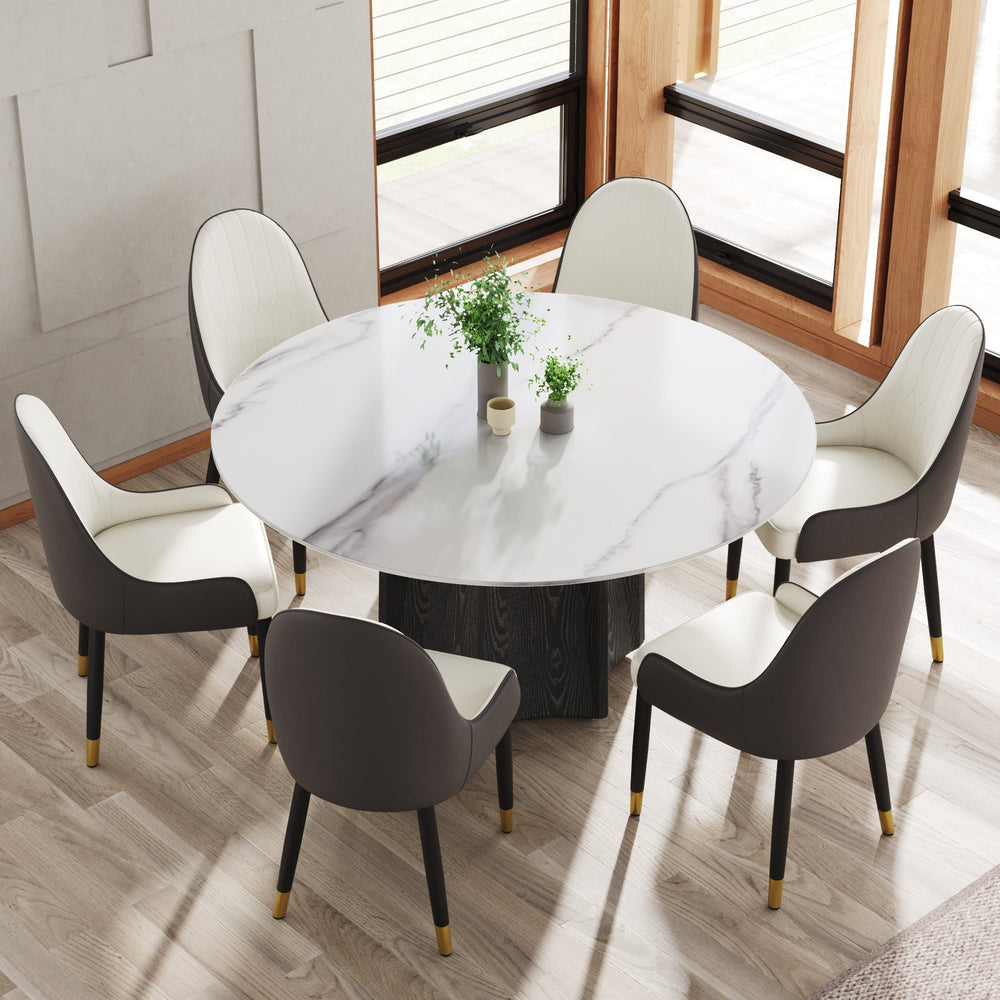 English Elm 59.05" Round Marble Dining Table - Elegant Solid Wood Base For 6-8 Guests, Modern & Durable Design W1535S00384