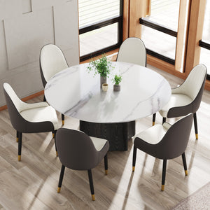 English Elm 59.05" Round Marble Dining Table - Elegant Solid Wood Base For 6-8 Guests, Modern & Durable Design W1535S00384
