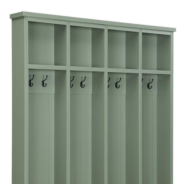 English Elm Farmhouse Hall Tree with Triple Arch Back Panel Eight Hooks Drawers and Entryway Bench Mint Green N721S000075M