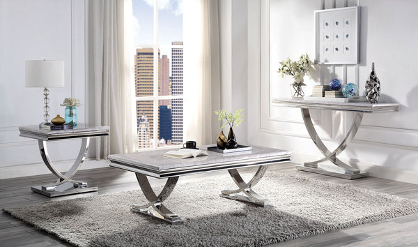 English Elm 1pc End Table Luxe Faux Marble Top with Beveled Edge, Interlocking Pedestal Base, Sleek Metal Finish, 23" Height, Elegant Accent Piece Chrome 28 L x 27 W x 4 H B2741S00431