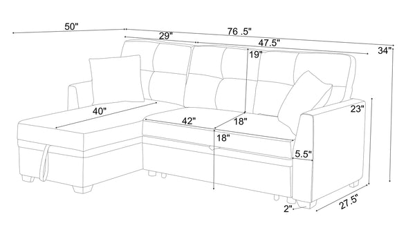 English Elm 76.5" Chenille Tufted Sectional Sleeper Sofa with Reversible Chaise and Hidden Storage Dark Gray B2748S00002
