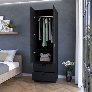 English Elm Tall Mayer Wardrobe Melamine 2 Doors 2 Drawers Black – Durable Bedroom Storage with Hanging Rod, Space-Saving Organizing Solution B128P203059