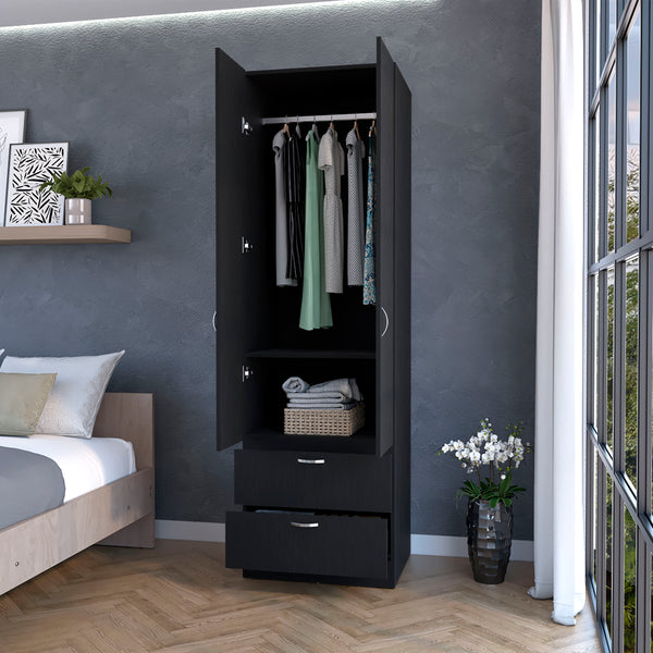 English Elm Tall Mayer Wardrobe Melamine 2 Doors 2 Drawers Black – Durable Bedroom Storage with Hanging Rod, Space-Saving Organizing Solution B128P203059