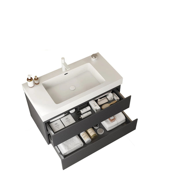 English Elm VENO 36" Floating Bathroom Vanity with Integrated Solid Surface Basin, Plywood Gray Striped Drawers W2615S00041
