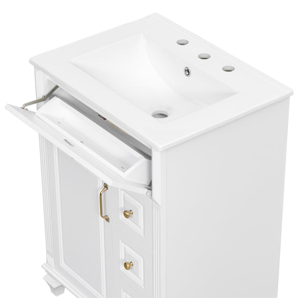 English Elm 24 Inch Freestanding Bathroom Vanity Solid Rubberwood Ceramic Sink Matte Finish Storage White N725P375626K