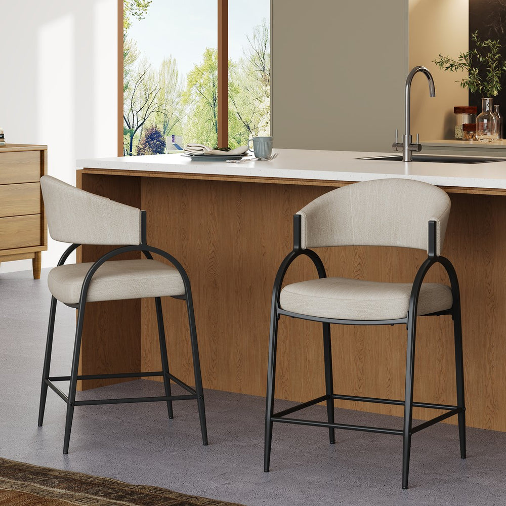 English Elm 25'' Counter Stools Set of 2 Upholstered Fabric Seats Black Metal Frame Kitchen Island N780P369956B