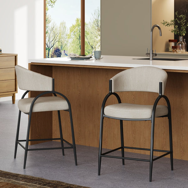 English Elm 25'' Counter Stools Set of 2 Upholstered Fabric Seats Black Metal Frame Kitchen Island N780P369956B