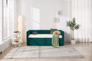 English Elm Twin Velvet Upholstered Daybed with Trundle, V-Pattern Backrest, USB Port, Side Pockets, Sturdy Design Emerald W1361S00043