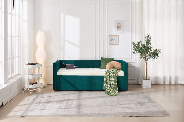 English Elm Twin Velvet Upholstered Daybed with Trundle, V-Pattern Backrest, USB Port, Side Pockets, Sturdy Design Emerald W1361S00043