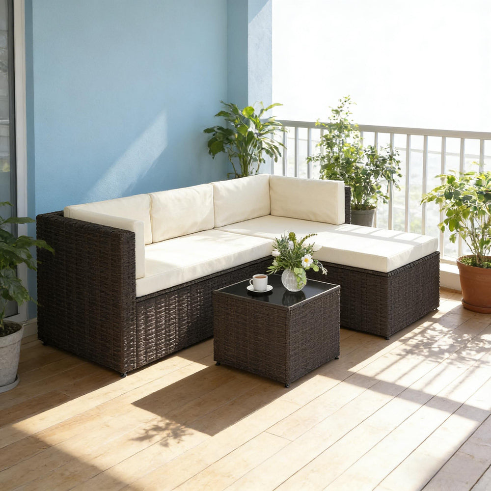 English Elm Comfortable Outdoor 3 Piece Pe Wicker Patio Set with Chaise Sofa and Glass Table Beige,Dark Brown T3971S00209