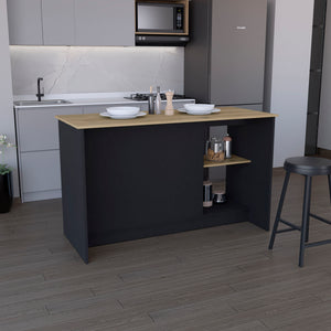 English Elm Kitchen Island With Ample Countertop, Open Shelves & Double Door Storage – Sleek Black & Macadamia B097S00185