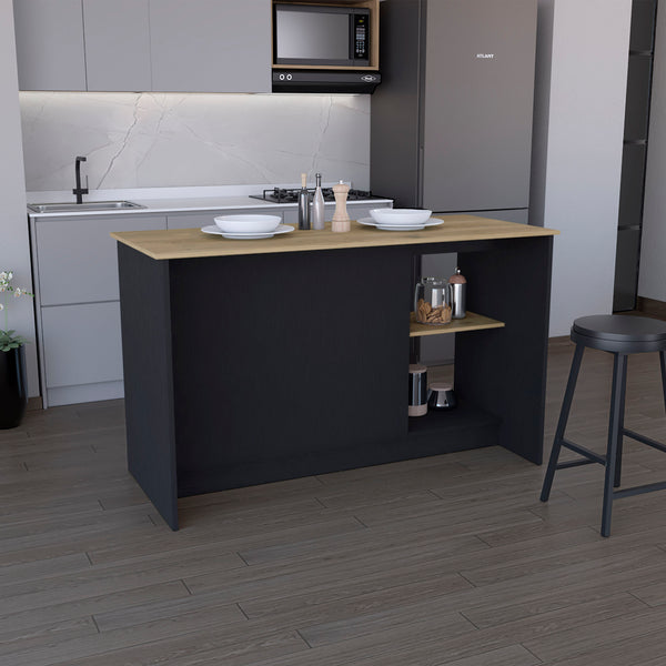 English Elm Kitchen Island With Ample Countertop, Open Shelves & Double Door Storage – Sleek Black & Macadamia B097S00185
