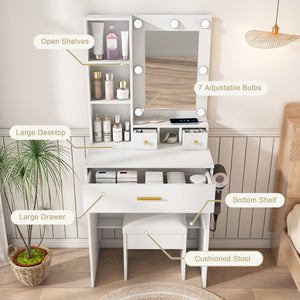 English Elm Vanity compact dressing desk with LED mirror, 3-color dimmable lights, drawers, stool, outlet White W2699P345800