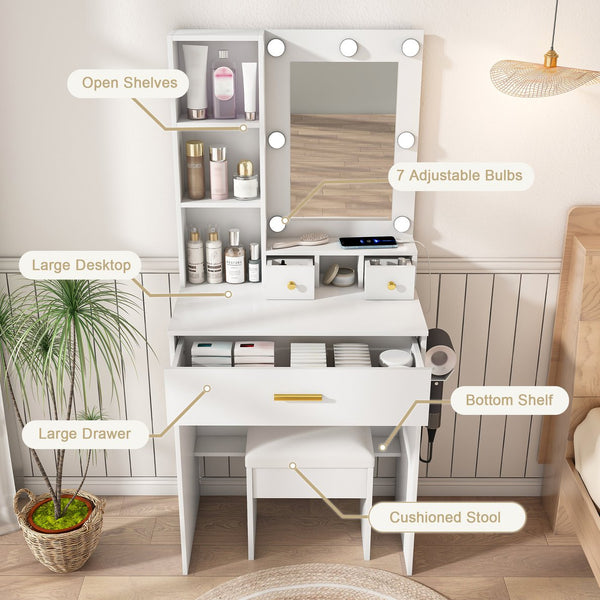 English Elm Vanity compact dressing desk with LED mirror, 3-color dimmable lights, drawers, stool, outlet White W2699P345800
