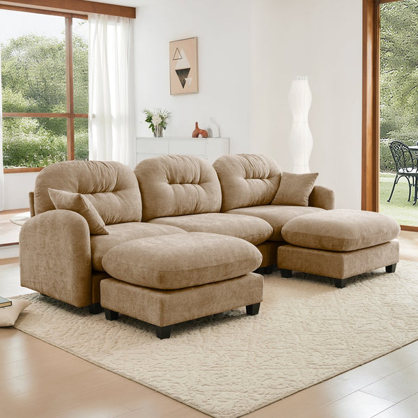 English Elm Modular U-Shaped Sectional Couch With Ottoman, Soft Camel Chenille, Ergonomic Design, Easy Install W714S01379